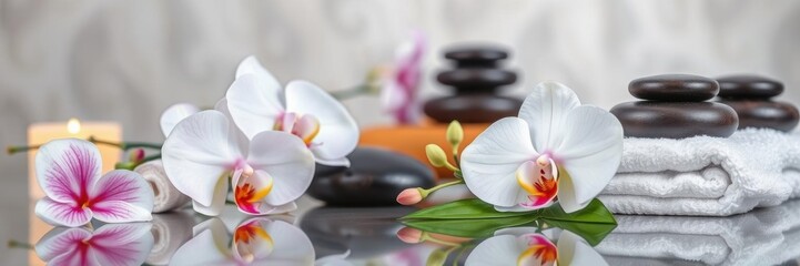 Spa orchid set with fluffy towels and massage stones, orchids, wellness