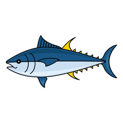 Fresh tuna fish isolated on white background. Vector illustration, cartoon, icon, emblem, simbol, logo, sticker for poster, menu, label, packaging