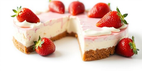 Traditional classic cheesecake with fresh strawberries served on a white plate, bakery, traditional