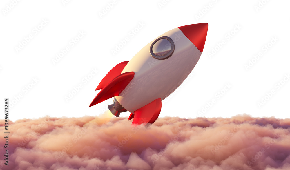 Poster rocket with red fins soaring above fluffy clouds on a white background, representing new business la