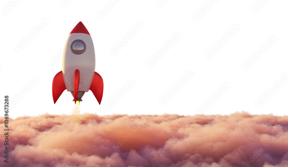 Poster a red and white rocket launching above fluffy clouds on a white background, symbolizing new beginnin