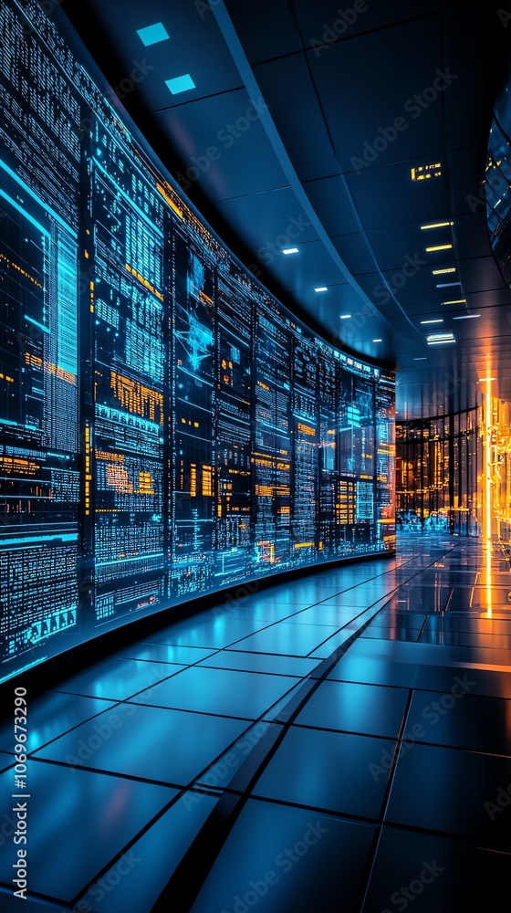 Aufkleber Futuristic hallway with glowing screens displaying data and code, creating a digital landscape.