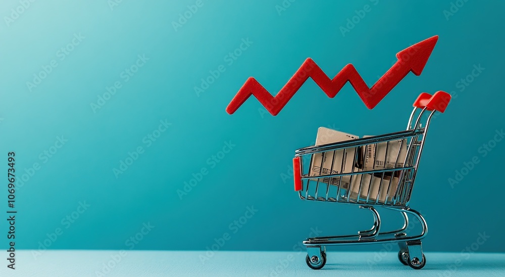 Poster a shopping cart filled with cardboard boxes with a red arrow pointing upwards on a blue background.