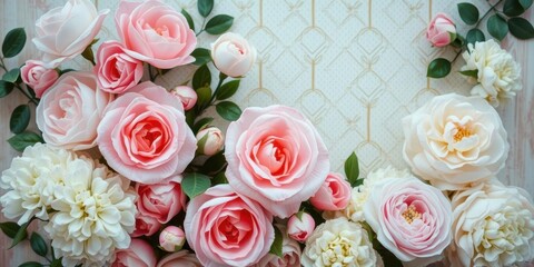 Vintage style artificial flowers wall background with pastel colored roses, peonies, and hydrangeas for elegant and romantic events and decor, decor, vintage