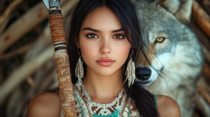 Woman with a Magic Spear and Guardian Wolf   Fantasy Portrait