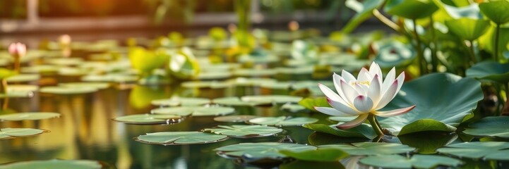 Zen lotus flower floating peacefully in a tranquil water garden, calm, zen concept