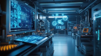 Quantum computing in a futuristic lab, with glowing qubits and a holographic interface, complex quantum algorithms floating in the air, soft blue lighting and high-tech equipment