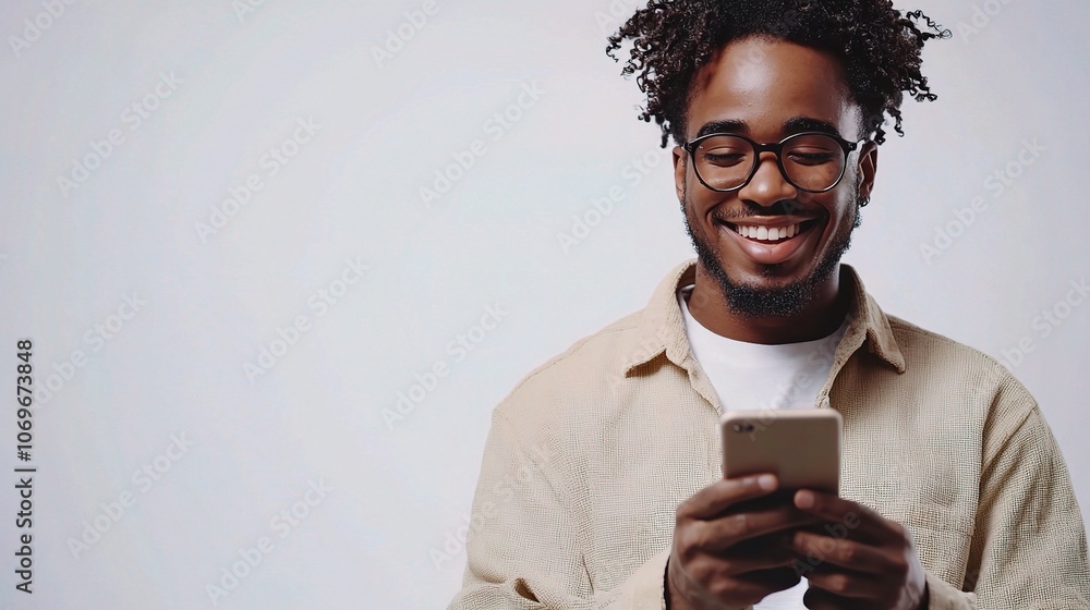 Poster smiling man using smartphone on clean background