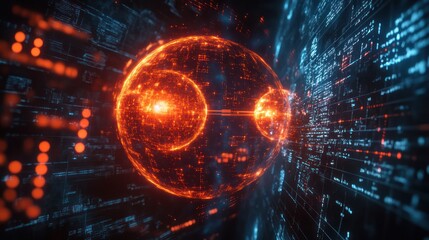 Quantum entanglement depicted as two particles connected by a glowing thread of light, floating in an infinite dark space, surrounded by mathematical equations and data clusters