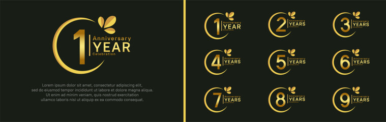 anniversary logotype set. vector design golden color with ring and leaf for special moment