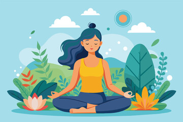 Woman Meditating in a Lush Green Garden With Blue Sky