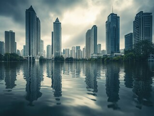 Fototapeta premium Cityscape Reflection in Calm Water Under Cloudy Skies