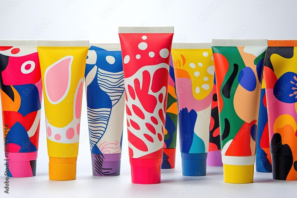 Aufkleber a row of colorful tubes with abstract patterns on a white background.