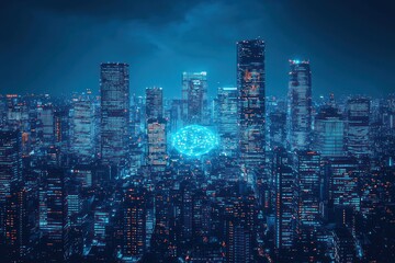 Naklejka premium Nighttime Cityscape with a Glowing Neural Network Representation