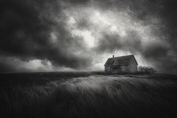 Fototapeta premium A solitary farmhouse stands on a windswept hill, shrouded in ominous clouds.