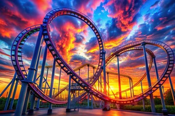 a roller coaster is shown in the sky with the sun setting behind it