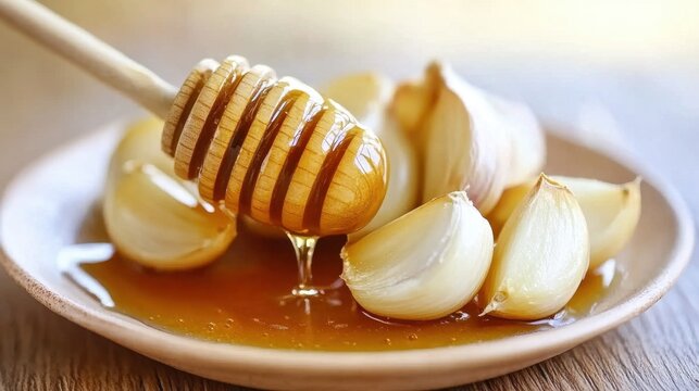 raw garlic cloves with honey on a plate for immunity boost remedy