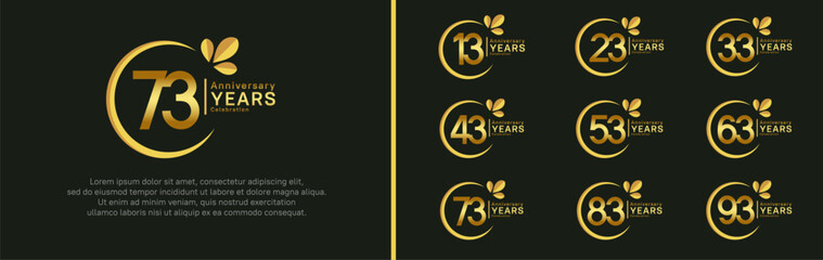 anniversary logotype set. vector design golden color with ring and leaf for special moment