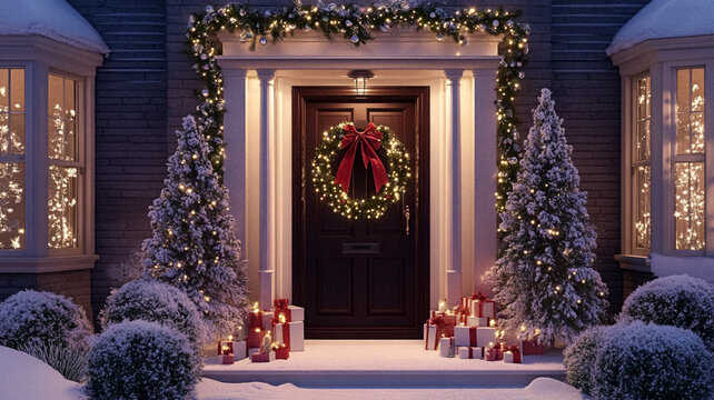 Christmas country house cottage in the English countryside style in winter season, festive holidays decoration and snow