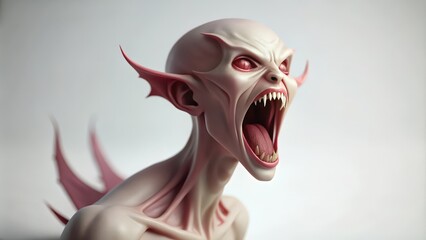 A Close-Up Portrait of a Ferocious, Gilled Creature with Crimson Eyes and Bared Teeth