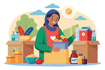 Woman Donating Food and Supplies to a Food Bank on a Sunny Day