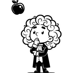Fototapeta premium Young medieval scientist watches an apple fall under force of gravity in monochrome. Simple minimalistic vector in black ink drawing on transparent background