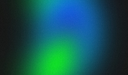 Abstract glowing color spots, spotlight grainy backdrop design. Green blue color, wave shaped noisy gradient on dark, vibrant color flow, bright, shine, poster, banner, header, cover