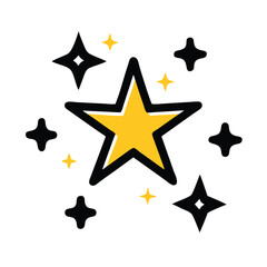 Yellow Star with Black and Yellow Sparkles, Illustration of a bold yellow star surrounded by black and yellow sparkles, representing excellence, shine, and a celebratory mood.
