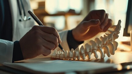 A doctor examines a spinal model while taking notes, highlighting the focus on anatomy and patient care in a clinical setting.