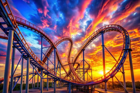 a roller coaster is shown with the sun setting behind it