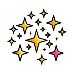 Yellow and Pink Sparkles Cluster with Black Outline, Illustration of a cluster of yellow and pink sparkles with bold black outlines, symbolizing shine, joy, and a playful decorative effect.
