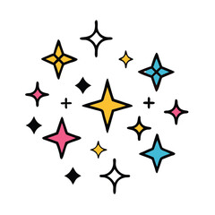 Multicolor Sparkles Cluster with Playful Design, Illustration of a cluster of colorful sparkles in yellow, blue, and pink, representing joy, shine, and a fun decorative effect.
