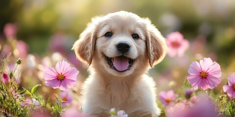 Golden Retriever Puppy in a Field of Pink Flowers.