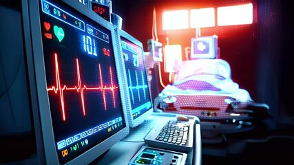 Close-up of medical monitors showing vital signs and a patient in a hospital bed in the background. - Powered by Adobe