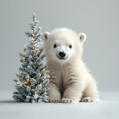 Chubby polar bear cub joyfully sitting next to a miniature christmas tree surrounded by holiday cheer and winter magic