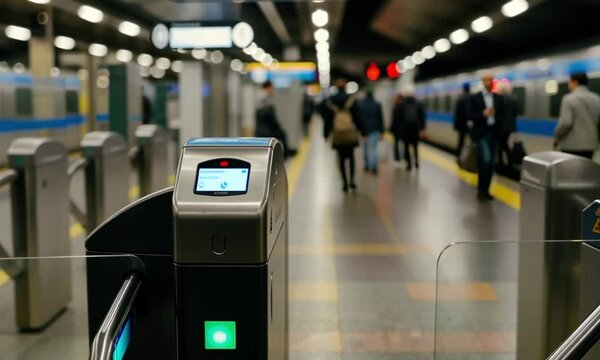 Commuter Tapping Smartcard at Subway Turnstile Entrance