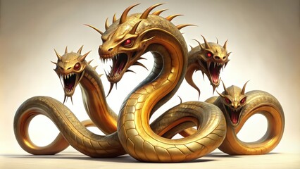 Obraz premium A Golden Three-Headed Serpent with Spiked Horns