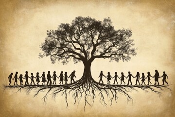 Digital illustration large tree multiple branches roots center Genealogy chart depicting lineage