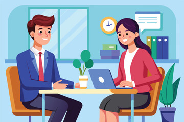 Businessman and Businesswoman Meeting at a Desk in an Office