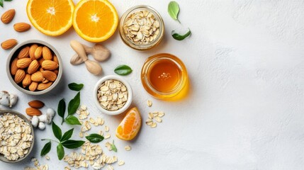 Flat lay various health wellness-related items arranged white Diverse dietary supplements