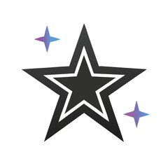 Black Star with Purple Sparkling Accents, Bold black star illustration with a white outline and purple sparkles, symbolizing style, elegance, and standout quality.