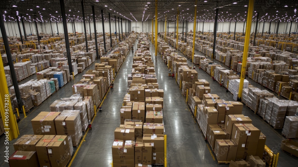 Poster a vast warehouse filled with neatly stacked boxes, organized in rows under bright lighting, showcasi