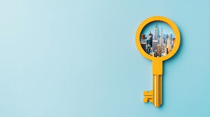 A yellow key is placed in front of a blue background with a city view