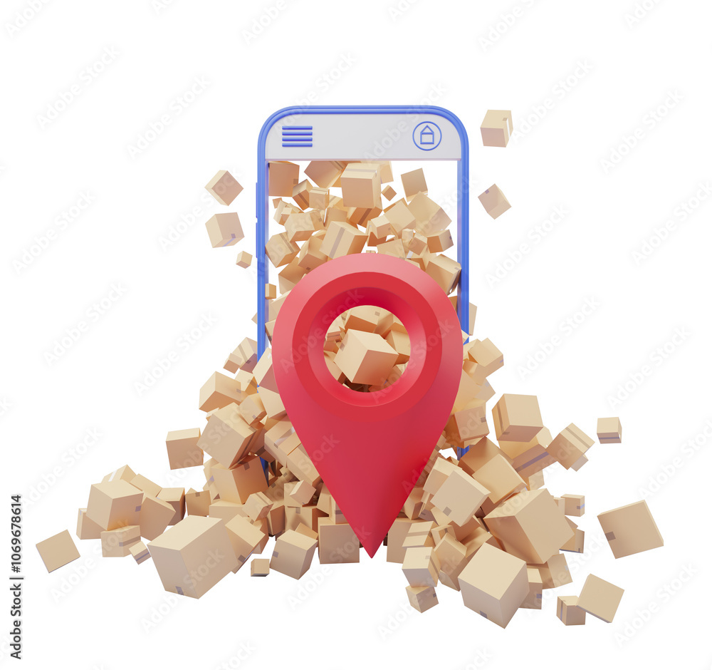 Poster smartphone with location pin surrounded by cardboard boxes, on a white background. concept of delive