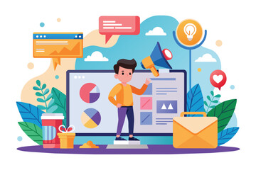 Fototapeta premium Man Presenting Digital Marketing Strategy With Charts and Megaphone