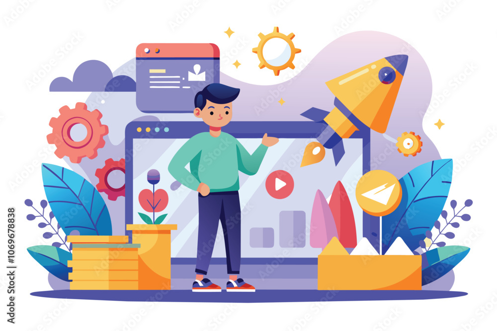 Poster Man Standing In Front Of Computer With Rocket Launching From The Screen