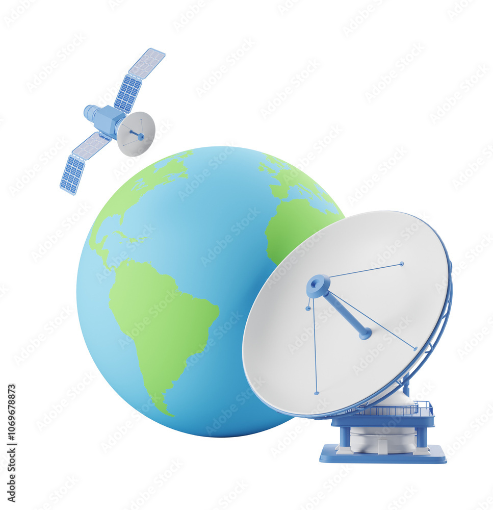Poster satellite orbiting earth with a large dish on a white background. concept of global communication. 3