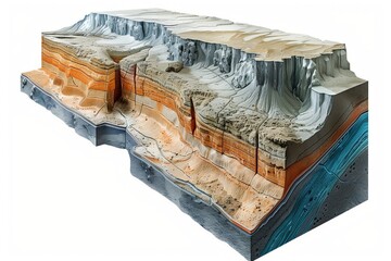 Geology, layers, plates, tectonics section. Schematic abstract view of the bowels of the earth using the example of various landscapes of desert canyon mountains, rivers, sea, cliff shore