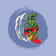 Trex Surfing Cartoon Logo Vector Design