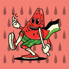 Watermelon Character, Palestine Flag Vector Illustration
